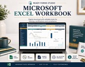 A laptop displays an Excel dashboard, with text "Microsoft Excel Workbook" prominently displayed above and icons for features like "XLSX Format" and "Instant Digital Download" below.