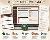 A laptop screen shows a "HOME BAKERY BUSINESS SYSTEM" spreadsheet, surrounded by various documents including a "STEP-BY-STEP GUIDE," "CAKE ORDER FORM," and "LICENSE & TERMS."