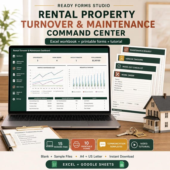 Rental Property Maintenance Spreadsheet, Landlord Tracker with Work Orders and Inspection Logs