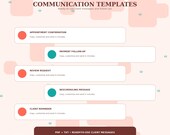 Five white rectangular cards list different communication templates: Appointment Confirmation, Payment Follow-up, Review Request, Rescheduling Message, and Client Reminder.