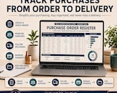A laptop showing the purchase order register spreadsheet next to delivery tracking features and order summaries.