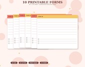 A stack of ten blank printable forms with checkboxes and lines, labeled "10 Printable Forms" and showing "FORM 01" through "FORM 06" on the tabs.