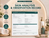A desktop monitor and tablet show a "Skin Analysis & Observation Record" form, with skincare bottles, a candle, and a jade roller on a counter.