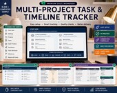 A laptop displaying the 'Start Here' section of a multi-project task and timeline tracker spreadsheet, with a desk lamp and coffee mug.