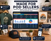 A desktop with a monitor displaying a spreadsheet for POD sellers, surrounded by t-shirts, mugs, a hat, and a phone.