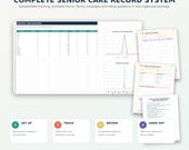 A laptop displays a "Monthly Care Summary" dashboard with charts, surrounded by four printable care forms.