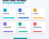 Six icons representing digital products: Blank Excel, Sample Excel, PDF A4 Forms, PDF US Letter Forms, MP4 85 Sec Tutorial, and PDF Start Here Guide.