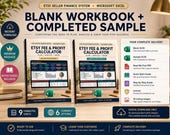 Two digital product covers, one for a "Blank Workbook" and one for a "Completed Sample" of an Etsy Fee & Profit Calculator.