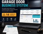 A laptop displaying a "Garage Door Business System" dashboard with charts and numbers, next to a paper form and a tape measure, on a dark gray surface.