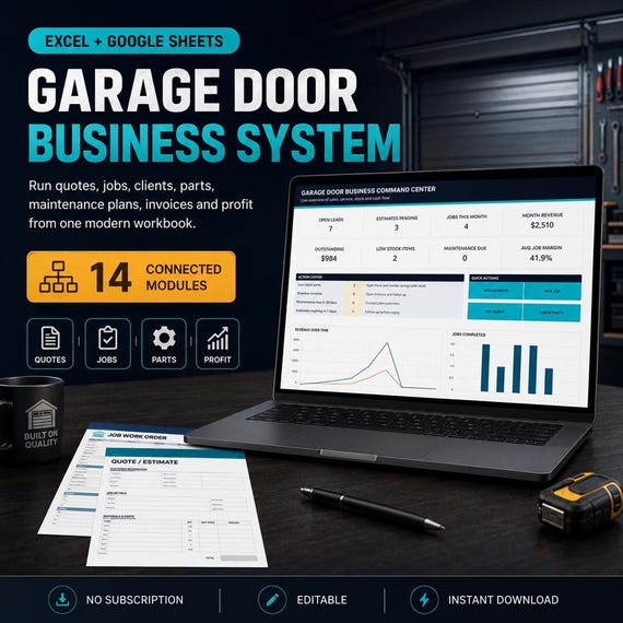 Garage Door Business System Excel | CRM, Estimate Calculator, Invoice Tracker |  Installation Workflow Management