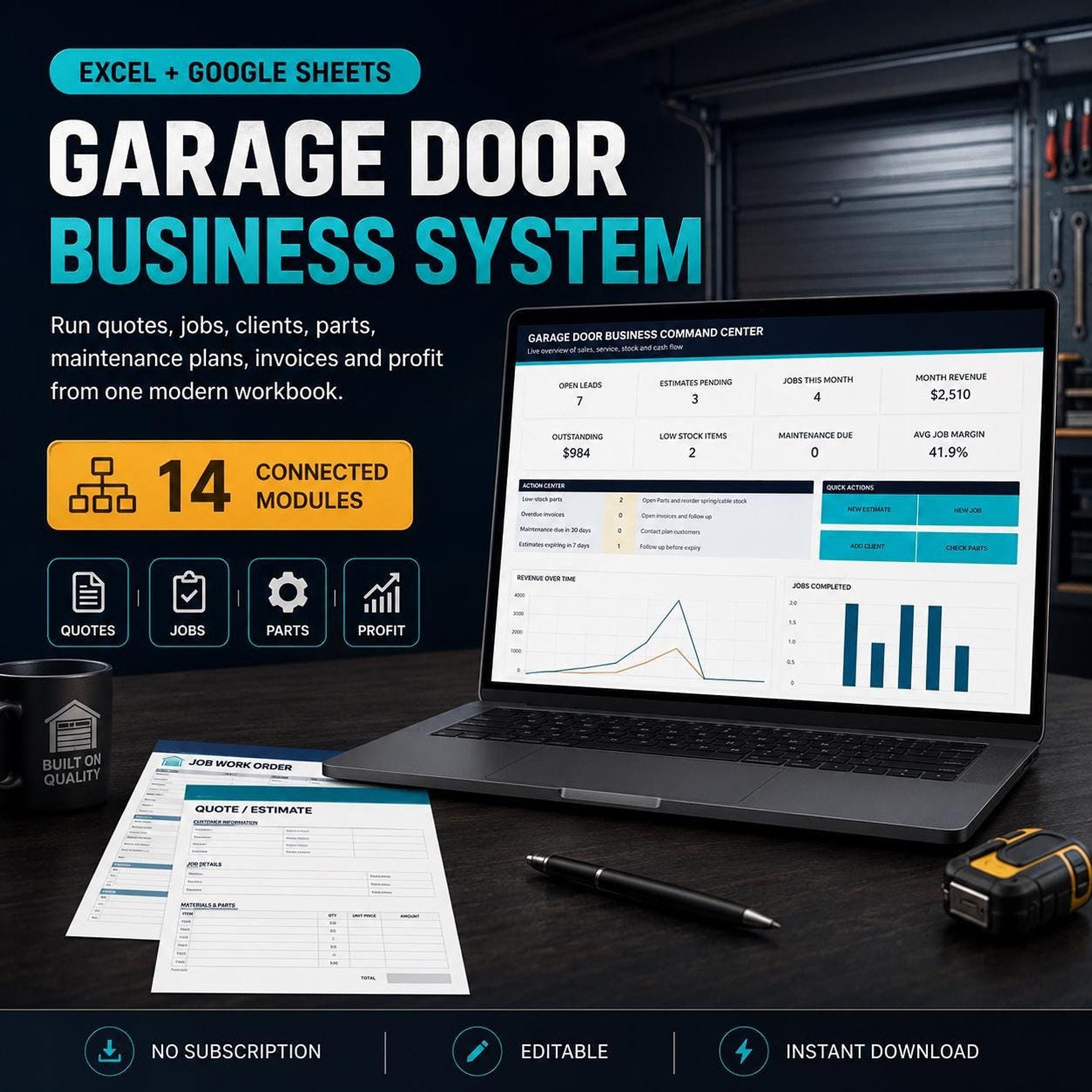 A laptop displaying a "Garage Door Business System" dashboard with charts and numbers, next to a paper form and a tape measure, on a dark gray surface.