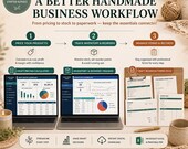 A three-step workflow graphic outlines pricing products, tracking inventory, and managing forms, paired with matching laptop and paper templates.