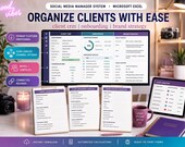 A desktop monitor shows an Excel client CRM and onboarding dashboard, with a tablet displaying a client discovery form, surrounded by office supplies like a camera and planner.