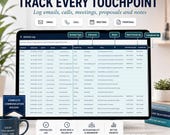 A laptop shows an activity log spreadsheet with columns for activity type, outcome, notes, next follow-up, and who completed it.