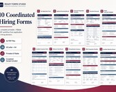 A collage of ten white forms, arranged in two rows of five, with titles like Job Application Form, Interview Scorecard, and Candidate Rejection Record.