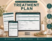 A desktop monitor and tablet display a "Treatment Plan" form, with printed forms, skincare bottles, and a jade roller on a counter.