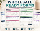 Printed wholesale inquiry and order forms are laid out next to a vase and icons explaining business features.
