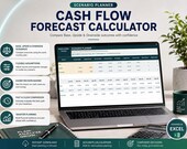 A laptop screen displays the "Scenario Planner" tab of a cash flow calculator, showing a table with base, upside, and downside scenarios, with feature descriptions on the left.