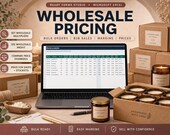 A laptop displays a "Wholesale Pricing" spreadsheet, with several boxed candles and essential oil bottles on a wooden surface.