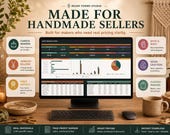 A laptop displays a "Craft Pricing Calculator" spreadsheet with sections for candle makers, jewelry sellers, fiber artists, bath & body, resin crafters, and custom makers.