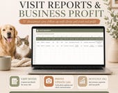 A laptop displays visit reports and business profit spreadsheets next to a golden retriever and a cat.
