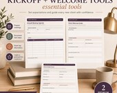 Three printed forms (kickoff meeting agenda, client welcome guide, client intake form) are stacked on a dark desk next to a gold pen and a white mug.