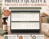 A laptop shows a quality control and cleaning supply inventory spreadsheet, with a spray bottle, folded towel, and a basket of brushes nearby.