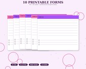 A graphic titled "10 Printable Forms" showing six blank form templates with checkboxes and lines, labeled "Form 01" through "Form 06."