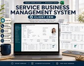 A laptop displays a client CRM dashboard with client contact information, activity history, and outstanding balances, with text overlays explaining its functions.