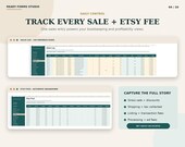 Two spreadsheet screenshots, one for 'Sales Log' and one for 'Etsy Fees - Automatic Breakdown', are shown with a text box listing 'CAPTURE THE FULL STORY' points.