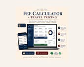 A laptop and phone show a fee calculator and travel pricing spreadsheet, with various input fields and calculated totals, and feature descriptions below.