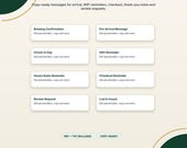 Twelve white and green rectangular cards are arranged in a grid, each labeled with a guest message template type like "Booking Confirmation" or "WiFi Reminder."