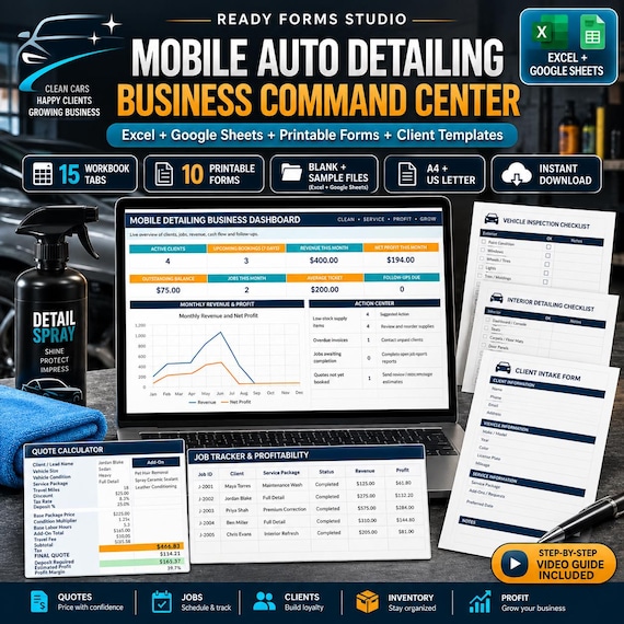 Mobile Auto Detailing Business Spreadsheet | Quote Calculator, Client CRM, Job Tracker, Invoice & Profit Dashboard