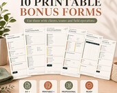 Ten printable business forms including checklists, intake forms, and service worksheets fan out across a wooden surface next to a plant.