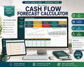 A laptop, tablet, and smartphone display a cash flow calculator dashboard with charts and tables, surrounded by text describing features like "12-Month Forecast" and "8 Connected Tabs."