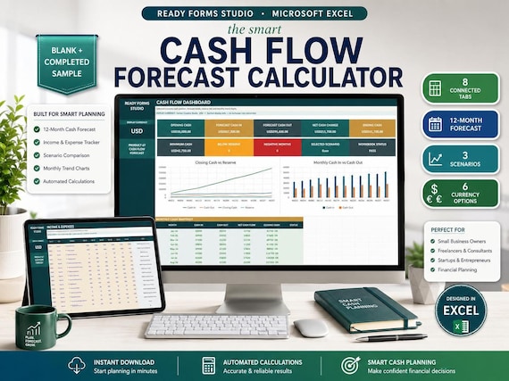 Cash Flow Forecast Calculator in Excel: Cash Planning, Scenario Planning, Income & Expenses and Financial Forecast