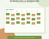 A digital display titled "SCHEDULING & WORKFLOW" showing a weekly workflow calendar with days of the week and colored boxes labeled "NEW," "ACTIVE," and "DONE."