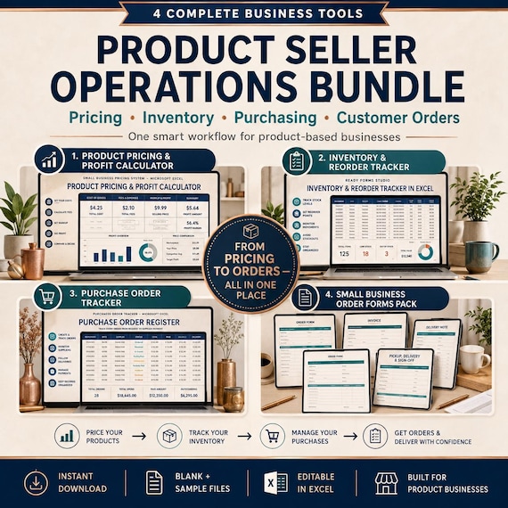 Product Seller Operations Bundle in Excel: Pricing Calculator, Inventory Tracker, Purchase Orders & Small Business Order Forms