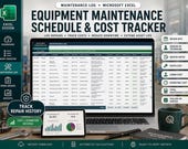 A laptop displays an Excel maintenance log with repair details, next to a tablet showing a cost graph and a green mug.