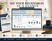 A laptop shows a dashboard with "Invoice & Receivables at a Glance" data, with printed sheets of other related spreadsheets, a pen, and a stack of books with a mug.
