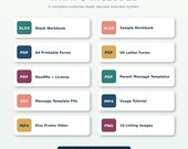 A list of digital download items including XLSX workbooks, PDF forms, message templates, and video tutorials.