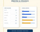 A digital form shows a "Smart Calculator" with fields for base price, quantity, travel, discount, total quote, and estimated profit, alongside a "Financial Overview" with revenue, expenses, payments, profit, and margin bars.