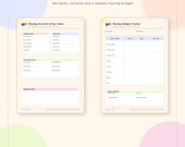 Two planner pages titled "Moving Overview & Key Dates" and "Moving Budget Tracker" with blank fields for details.