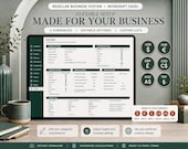 A desktop monitor displays a green and white Excel spreadsheet titled "Settings," showing customization options for currency and business details.
