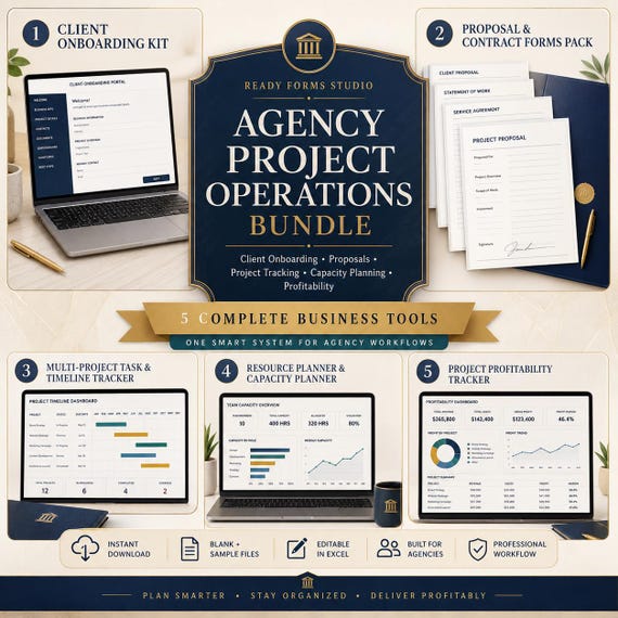 Agency Project Operations Bundle in Excel: Project Tracker, Resource Planner, Profitability, Onboarding & Proposal Forms