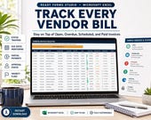 A laptop displays an Excel spreadsheet titled "Track Every Vendor Bill," showing a table of vendor invoices with statuses, next to a coffee cup and a small plant.