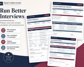 Three white forms: an Interview Preparation Checklist, an Interview Scorecard, and a Panel Interview Feedback form, with text describing interview toolkit features.
