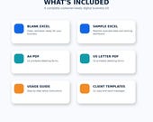 Six blue and green squares with text describing included items: Blank Excel, Sample Excel, A4 PDF, US Letter PDF, Usage Guide, and Client Templates.