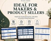 A laptop, tablet, and printed pages display various tabs of a pricing spreadsheet for makers and product sellers.