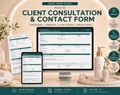 A desktop monitor and tablet show a "Client Consultation & Contact Form" with printed forms, skincare bottles, and rolled towels on a counter.